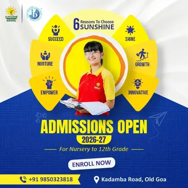 A school admission poster featuring a smiling student, with Admissions Open 2026-27 text displayed below